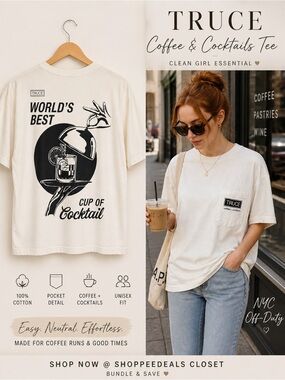 TRUCE Coffee & Cocktails Graphic Pocket Tee Cream Cotton Shirt XL